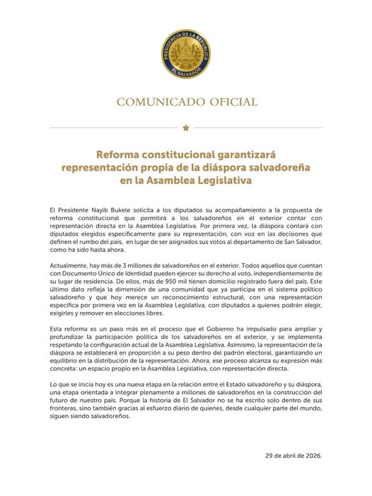 La diáspora salvadoreña ahora tendrá diputados en la Asamblea Legislativa a partir de 2027 Cortesía Capres