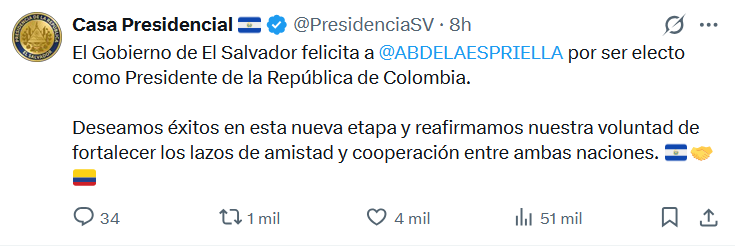 El Salvador felicita al presidente electo de Colombia y reafirma voluntad de fortalecer la cooperación bilateral captura de pantalla 2026 06 22 062616