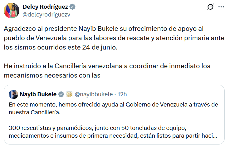 Bukele expresa solidaridad con Venezuela y ofrece ayuda humanitaria tras los devastadores terremotos captura de pantalla 2026 06 25 074228