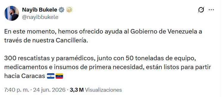Bukele expresa solidaridad con Venezuela y ofrece ayuda humanitaria tras los devastadores terremotos captura de pantalla 2026 06 25 074250